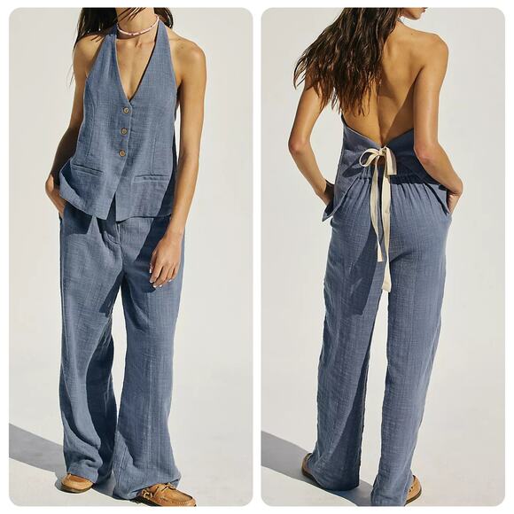 Free‎ People Take Me To Paris Low-Back Vest & Pants Set women’s size large - Picture 1 of 12